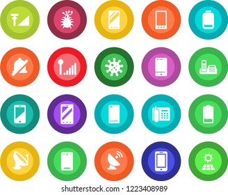 Round color solid flat icon set - mobile phone vector, virus, satellite antenna, cell, low battery, back, mute, cellular signal, office, sun panel