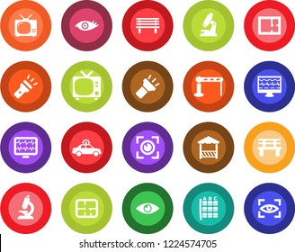 Round color solid flat icon set - barrier vector, tv, alarm car, seat map, bench, monitor pulse, microscope, eye, torch, plan, alcove, scan