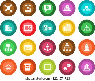 Round color solid flat icon set - hierarchy vector, well, hospital, molecule, office building, garage, plan, home message