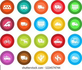 Round color solid flat icon set - taxi vector, alarm car, fork loader, ladder, helicopter, ambulance, bike, route, truck trailer, delivery, moving