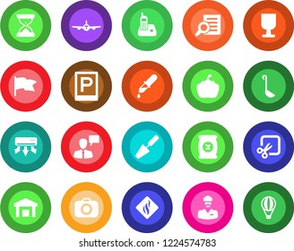 Round color solid flat icon set - parking vector, plane, speaking man, document search, trowel, pumpkin, fertilizer, dropper, doctor, fragile, warehouse, camera, radio phone, cut, ladle, flag