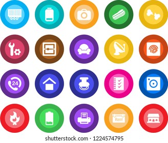 Round color solid flat icon set - fire vector, broken bone, 24 hours, truck trailer, warehouse storage, satellite antenna, camera, low battery, mobile, scanner, fingerprint id, root setup, checklist