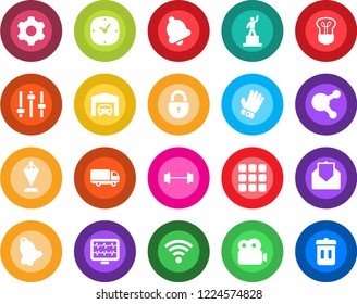 Round color solid flat icon set - lock vector, pedestal, pennant, glove, monitor pulse, barbell, car delivery, share, mail, menu, settings, tuning, clock, bell, wireless, video, garage, bulb