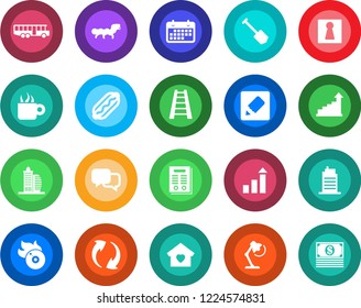 Round color solid flat icon set - airport bus vector, female, growth statistic, job, ladder, caterpillar, term, flame disk, dialog, update, notes, desk lamp, contract, office building, sweet home