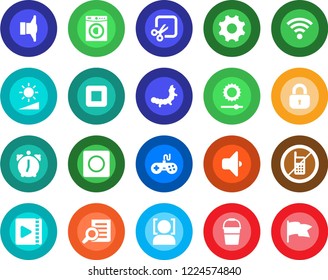 Round color solid flat icon set - no mobile vector, document search, bucket, caterpillar, speaker, gamepad, stop button, settings, alarm, record, wireless, brightness, cut, face id, video, lock