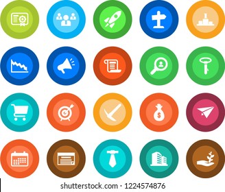 Round color solid flat icon set - team vector, target, consumer search, rocket, money bag, crisis, calendar, cart, paper plane, schedule, certificate, advertising, pedestal, contract, tie, guidepost