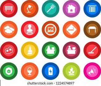 Round color solid flat icon set - no laptop vector, smoking place, stamp, clouds, flight table, manager, farm fork, rake, fire, house, bench, themes, charge, desk lamp, estate insurance, egg stand