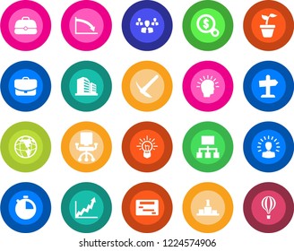 Round color solid flat icon set - seedling vector, stopwatch, group, shining head, earth, growth graph, crisis, office chair, money search, idea, case, schedule, hierarchy, pedestal, building