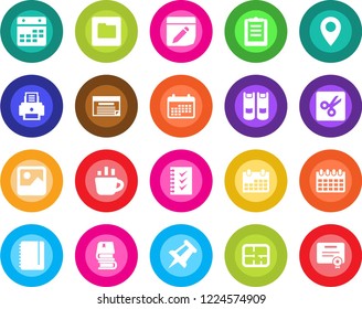 Round color solid flat icon set - book vector, notepad, coffee, drawing pin, calendar, clipboard, gallery, folder, notes, cut, checklist, printer, plan, schedule, certificate