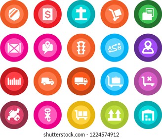 Round color solid flat icon set - baggage trolley vector, signpost, navigation, satellite, traffic light, mobile tracking, car delivery, receipt, container, folder document, cargo, up side sign, no