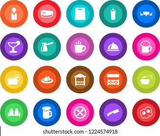 Round color solid flat icon set - waiter vector, dish, serviette, cafe, cocktail, coffee, beer, salt and pepper, candle, table, alcove, credit card, steak, cutting board, knife, steaming pan