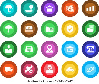 Round color solid flat icon set - pin vector, satellite, cash, office phone, 24 hours, support, car delivery, folder document, umbrella, warehouse storage, package, sorting, shield, heavy, scales