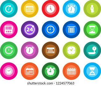 Round color solid flat icon set - 24 around vector, alarm clock, flight table, calendar, heavy scales, stopwatch, manager, schedule, sand