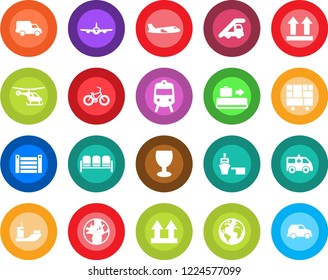 Round color solid flat icon set - baggage conveyor vector, train, waiting area, ladder car, plane, helicopter, ambulance, bike, earth, sea shipping, delivery, port, container, consolidated cargo