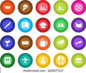 Round color solid flat icon set - hot cup vector, spoon and fork, waiter, alcohol, restaurant table, cafe, cook hat, wine card, menu, reserved, cocktail, salt pepper, chicken, steak, bowl, knife