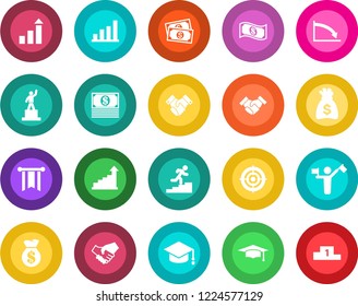 Round color solid flat icon set - dispatcher vector, growth statistic, pedestal, graduate, money bag, cash, bar graph, target, handshake, career ladder, pennon, crisis