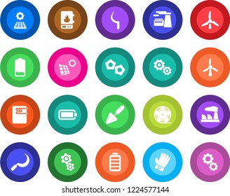 Round color solid flat icon set - gear vector, factory, trowel, glove, sickle, reel, battery, low, sun panel, windmill, water heater