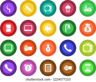 Round color solid flat icon set - tv vector, money bag, sickle, video camera, call, alarm, abacus, office phone, rolling pin, outdoor lamp, fridge, sand clock