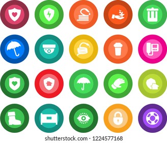 Round color solid flat icon set - fence vector, umbrella, trash bin, lock, glove, boot, hose, heart shield, protect, eye id, intercome, water filter, home, surveillance, palm sproute