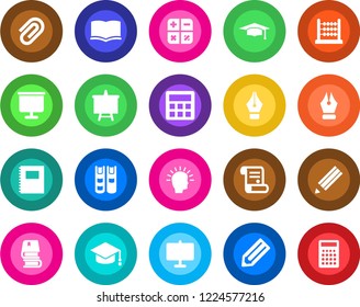 Round color solid flat icon set - book vector, calculator, graduate, presentation board, pencil, contract, copybook, paper clip, abacus, ink pen, shining head