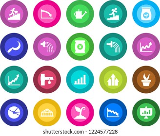 Round color solid flat icon set - seedling vector, watering can, sproute, sickle, greenhouse, fertilizer, drip irrigation, bar graph, pie, career ladder, arrow up, growth, crisis, presentation