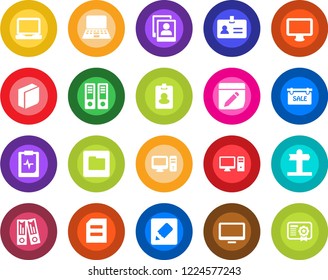 Round color solid flat icon set - identity vector, office binder, notebook pc, document, pulse clipboard, signpost, monitor, laptop, folder, notes, photo gallery, blank box, sale, pass card