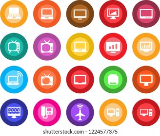 Round color solid flat icon set - plane radar vector, wireless notebook, pc, statistic monitor, pulse, tv, laptop, hdmi, statistics, intercome