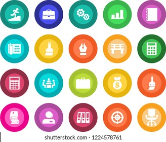 Round color solid flat icon set - case vector, bench, themes, copybook, bar graph, calculator, ink pen, office phone, support, paper binder, target, meeting, career ladder, book, gear, money bag