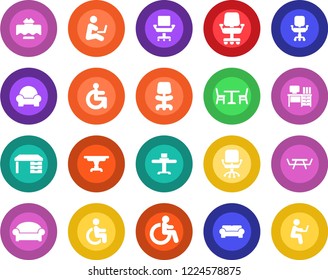 Round color solid flat icon set - cafe vector, waiting area, disabled, office chair, desk, picnic table, cushioned furniture, restaurant, man with notebook