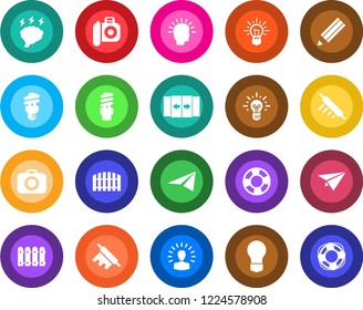 Round color solid flat icon set - automatic door vector, brainstorm, bulb, camera, pencil, fence, rolling pin, energy saving, shining head, idea, paper plane, crisis management
