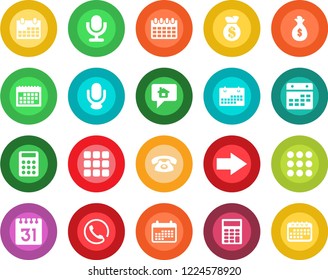 Round color solid flat icon set - right arrow vector, calendar, microphone, menu, calculator, phone, home message, money bag