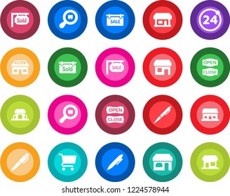 Round color solid flat icon set - 24 around vector, shop, pen, store, search cargo, sale, sold signboard, cafe building, open close, cart, storefront