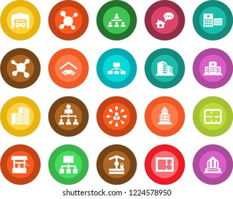 Round color solid flat icon set - hierarchy vector, well, molecule, hospital, office building, garage, plan, home message