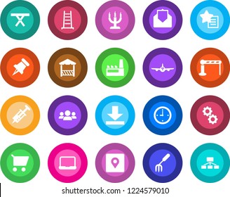 Round color solid flat icon set - barrier vector, plane, garden fork, ladder, picnic table, syringe, favorites list, paper pin, mail, download, place tag, clock, notebook pc, factory, candle, alcove