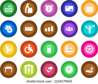 Round Color Solid Flat Icon Set - Dispatcher Vector, Security Gate, Escalator, Baby Room, Disabled, Clock, Sorting, Satellite Antenna, Flame Disk, Mail, Alarm, Children, Table, Heater, Reserved, Fan