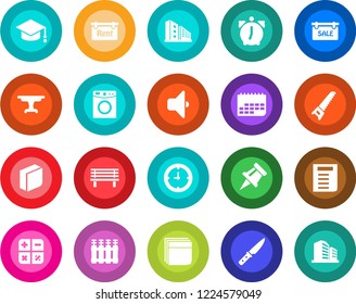 Round color solid flat icon set - calculator vector, graduate, document, saw, bench, clock, term, alarm, drawing pin, blank box, sale, rent, office building, table, knife, washer, radiator, sound