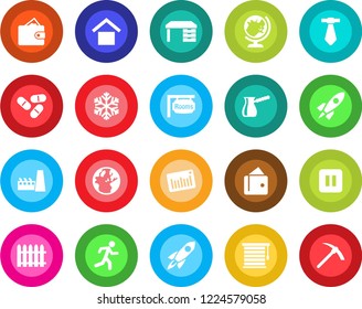 Round color solid flat icon set - globe vector, desk, fence, pills, run, warehouse storage, barcode, pause button, rooms, factory, turkish coffee, snowflake, jalousie, rocket, wallet, earth, tie