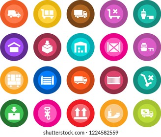 Round color solid flat icon set - sea shipping vector, cargo container, car delivery, port, consolidated, warehouse storage, up side sign, no trolley, hook, package, moving