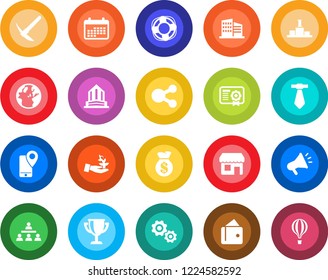 Round color solid flat icon set - mobile tracking vector, hierarchy, office building, gear, palm sproute, wallet, money bag, earth, calendar, social media, crisis management, certificate, pedestal