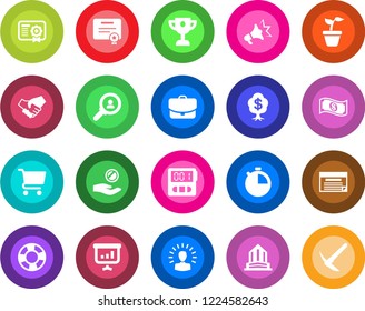 Round color solid flat icon set - seedling vector, stopwatch, consumer search, shining head, handshake, investment, cart, cash, case, schedule, crisis management, certificate, advertising, award cup
