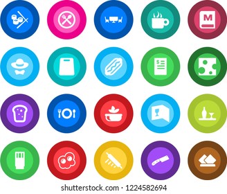 Round color solid flat icon set - alcohol vector, cafe, wine card, menu, drink, coffee, salad, bread, table, dress code, restaurant receipt, hot dog, rolling pin, cutting board, knife, sushi, cheese