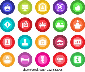 Round color solid flat icon set - baggage conveyor vector, female, reception, bed, meeting, statistic monitor, patient, no hook, camera, user, printer, copier, steak, cheese, eye scan, information