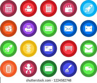 Round color solid flat icon set - baby vector, mail, garden fork, bench, cash, traffic light, battery, calculator, printer, rooms, salad, rocket, car