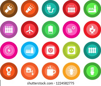 Round color solid flat icon set - hot cup vector, bulb, fire, low battery, torch, charge, sun panel, windmill, heater, factory, home control, socket, power plug, radiator, energy saving