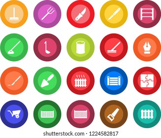 Round color solid flat icon set - trowel vector, farm fork, rake, wheelbarrow, saw, hoe, garden knife, scalpel, cargo container, oil barrel, rack, application, ink pen, heater, ladle, radiator