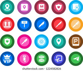 Round color solid flat icon set - parking vector, vip, pen, stamp, plant label, heart shield, pin, up side sign, no hook, cut, place tag, sertificate, menu, open close, paper plane