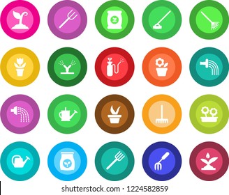 Round color solid flat icon set - flower in pot vector, garden fork, farm, rake, seedling, watering can, sproute, hoe, sprayer, fertilizer, irrigation