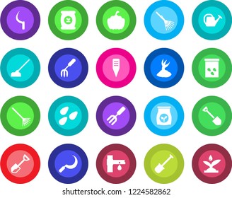 Round color solid flat icon set - job vector, garden fork, shovel, rake, watering can, sproute, hoe, sickle, plant label, pumpkin, seeds, fertilizer, drip irrigation