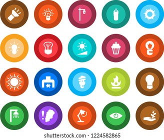 Round color solid flat icon set - sun vector, bulb, fire, garden light, eye, torch, brightness, desk lamp, fireplace, candle, smoke detector, energy saving, outdoor, idea, palm sproute