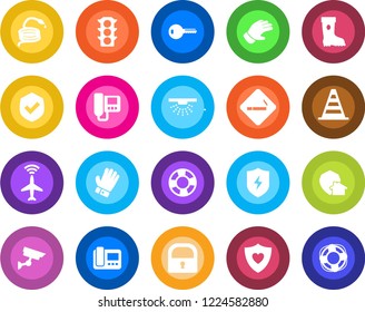 Round color solid flat icon set - plane radar vector, smoking place, border cone, glove, boot, hose, heart shield, traffic light, protect, lock, key, intercome, home, surveillance, sprinkler